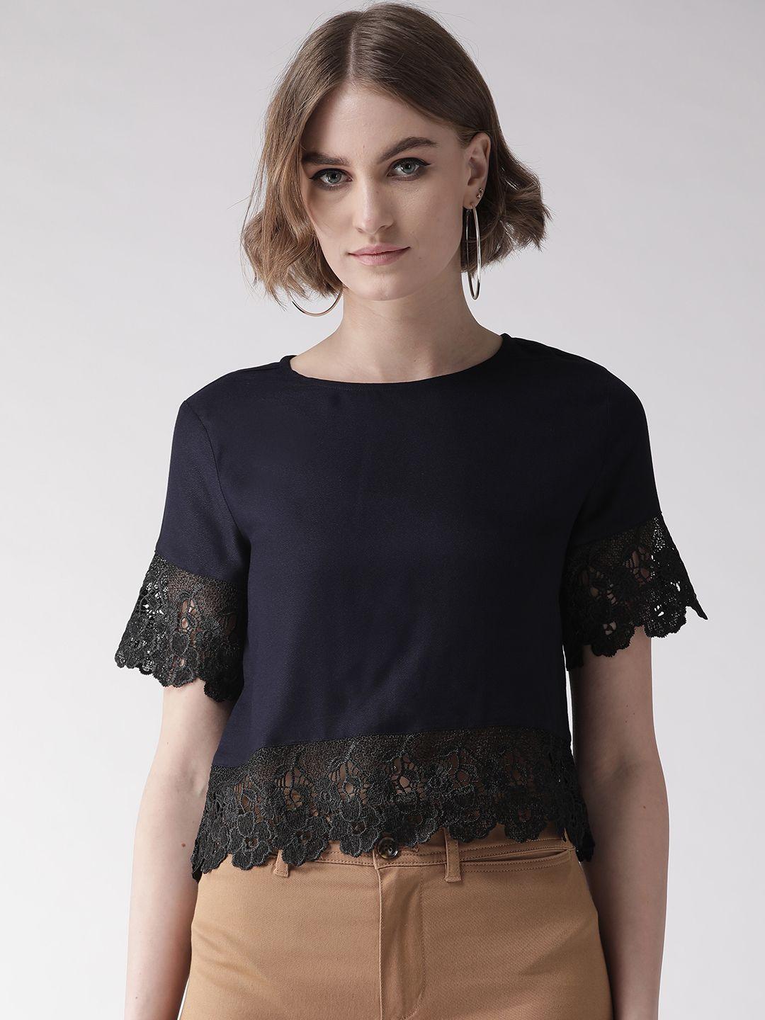 style quotient women navy blue lace detail solid top