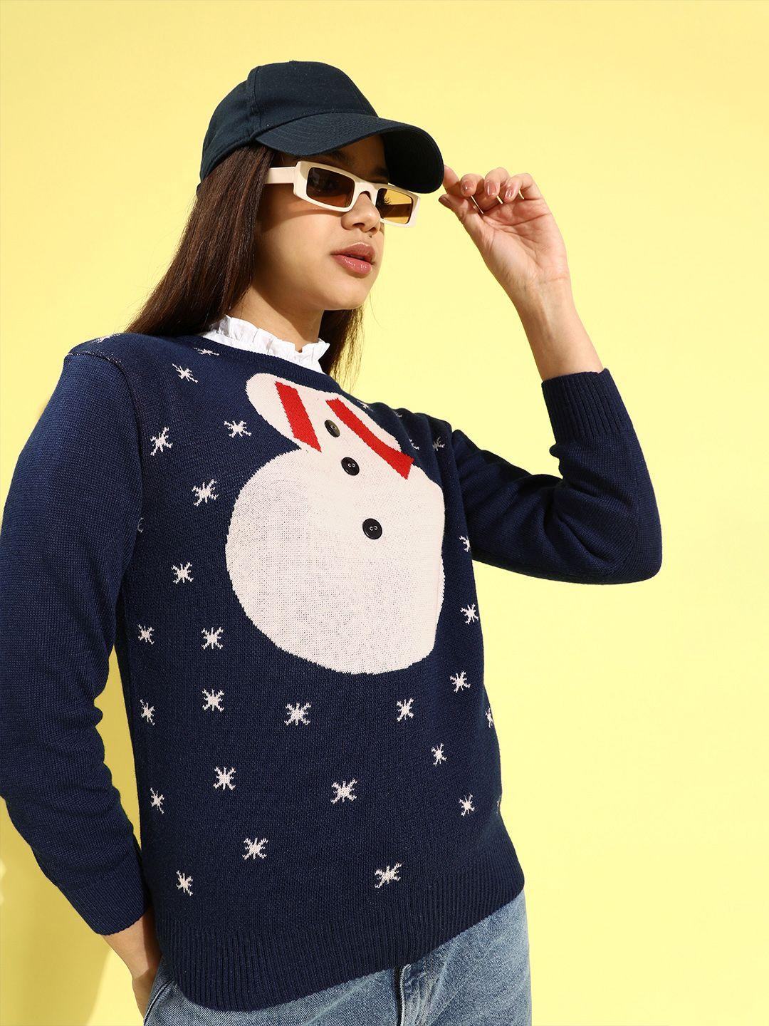 style quotient women navy blue quirky printed pullover