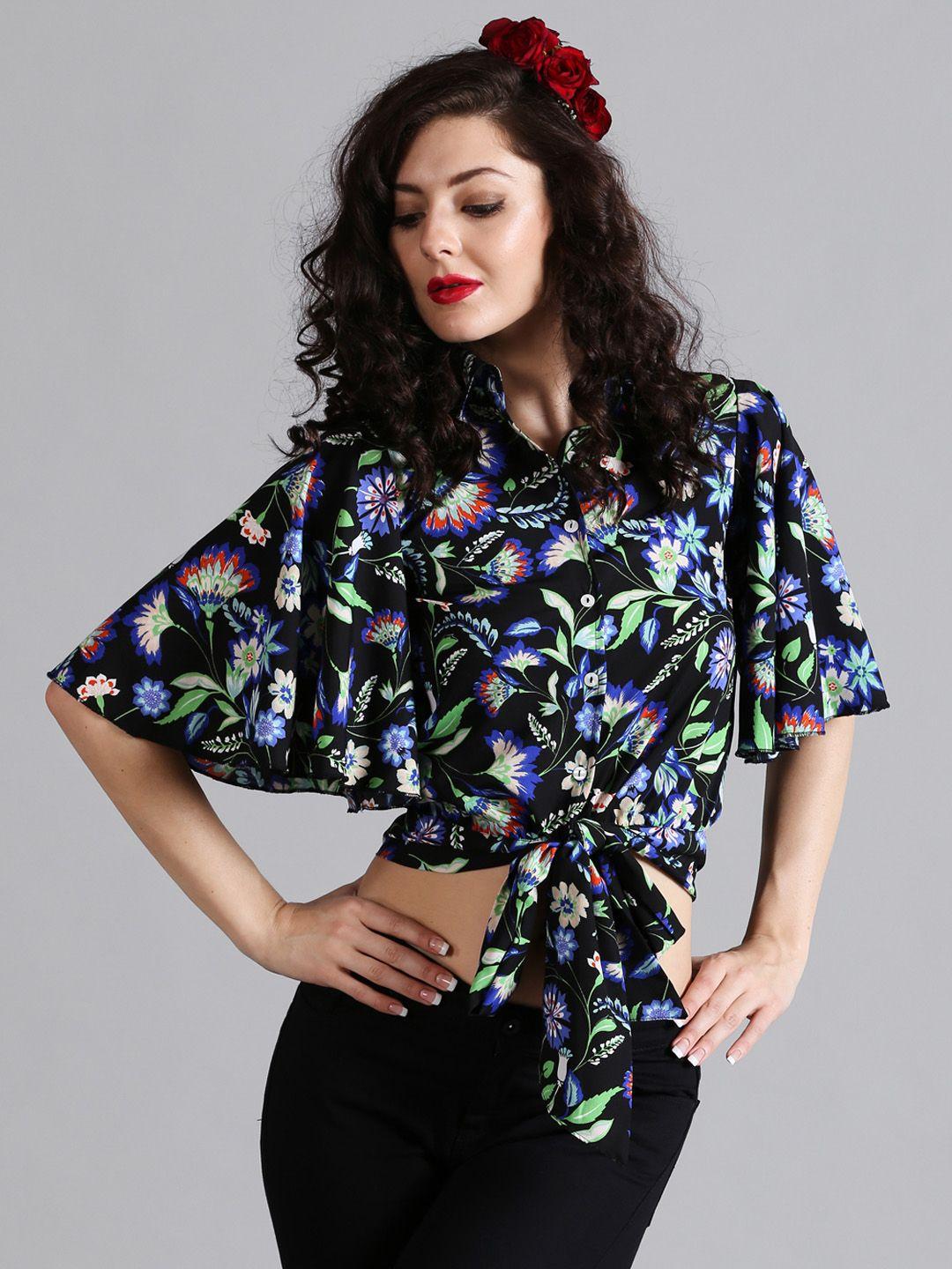 style quotient women navy blue regular fit printed casual crop shirt