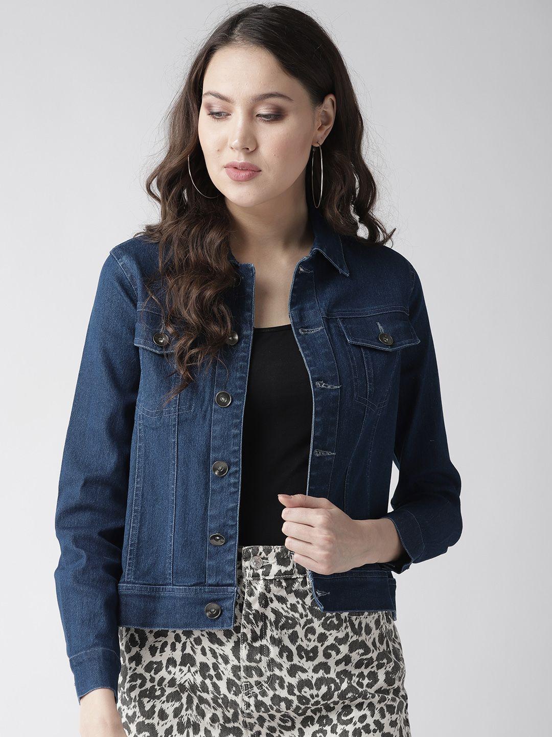 style quotient women navy blue solid denim jacket