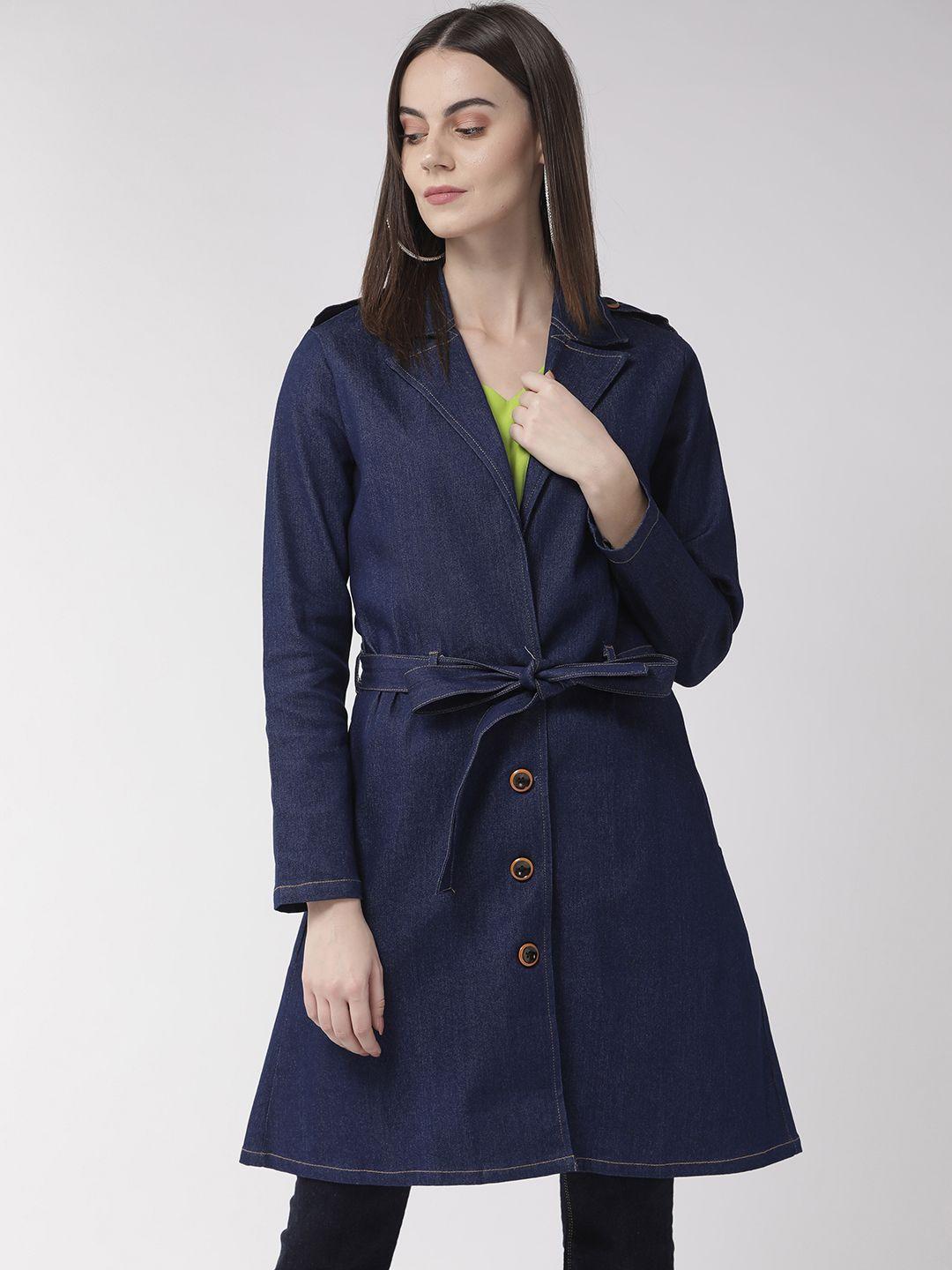 style quotient women navy blue solid denim overcoat