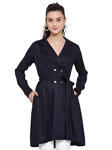 style quotient women navy blue solid double-breasted knee-length trench coat (ss21sqolly_nb-l)