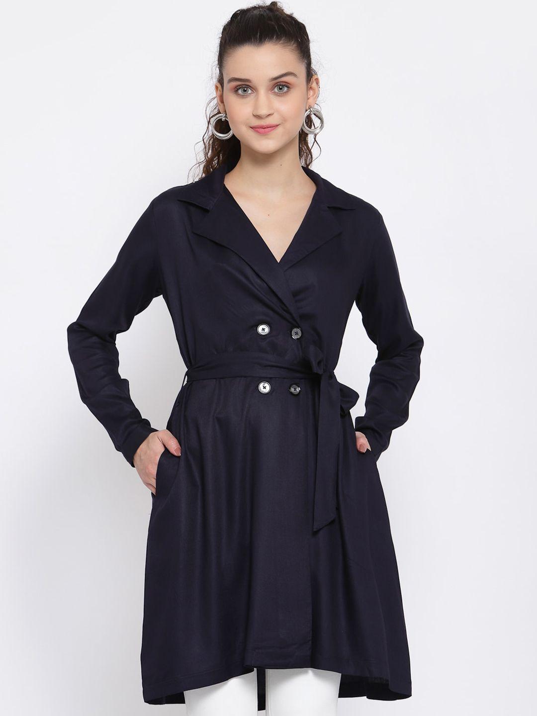 style quotient women navy blue solid double-breasted knee-length trench coat