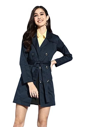 style quotient women navy blue solid double breasted trench coat (aw21sqgloria_navy-l)