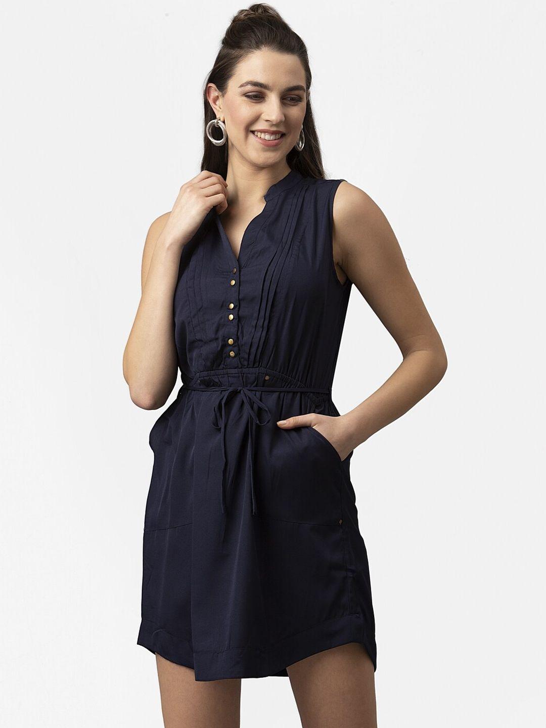 style quotient women navy blue solid shirt dress