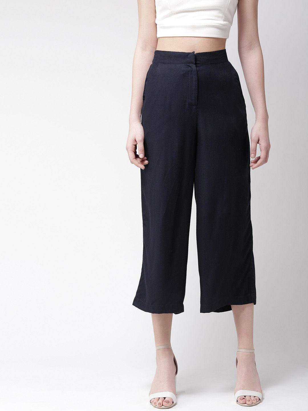 style quotient women navy blue straight fit solid culottes
