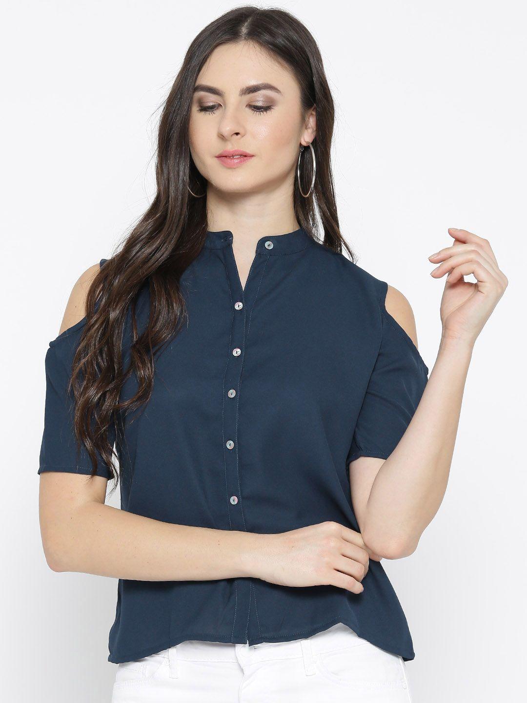 style quotient women navy solid cold shoulder casual shirt