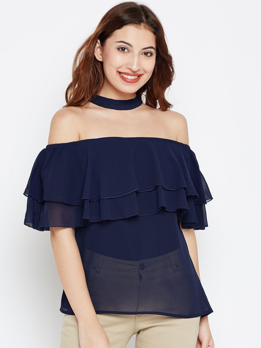 style quotient women navy solid layered bardot top