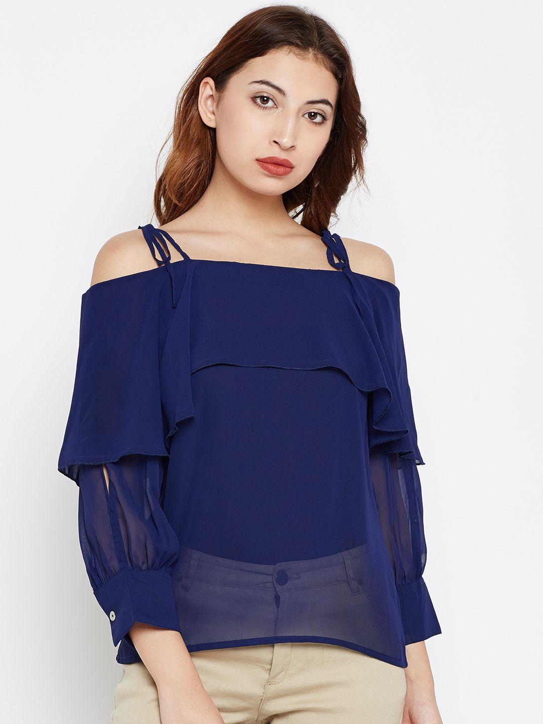 style quotient women navy solid sheer bardot top