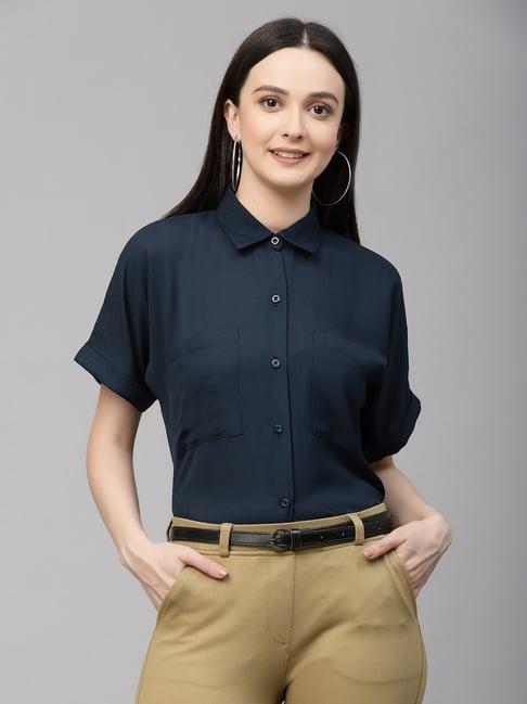 style quotient women navy solid smart casual shirt