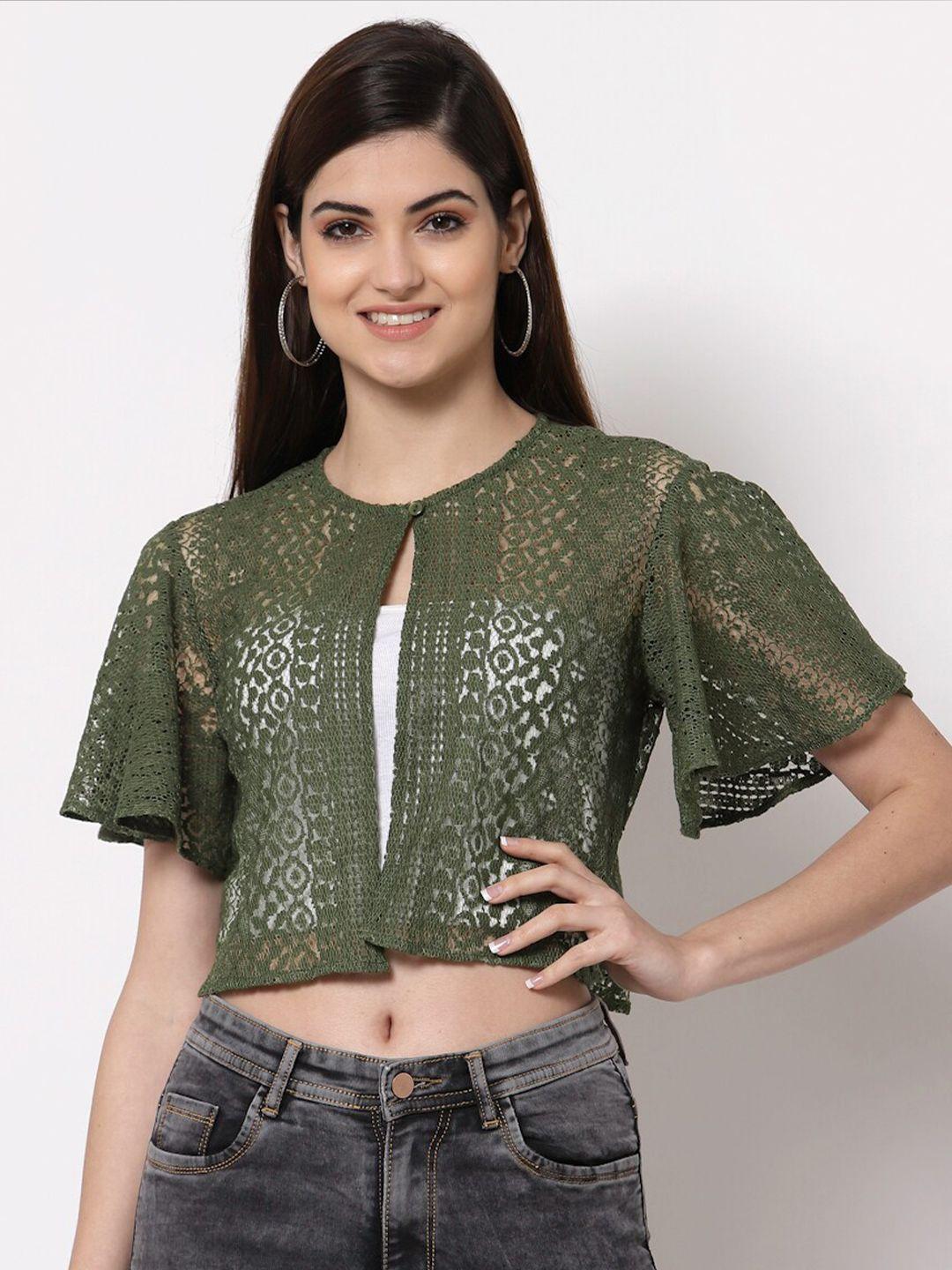 style quotient women olive green  sheer button crop shrug