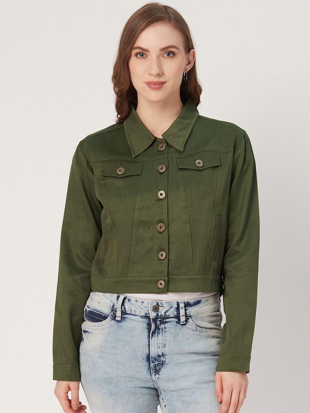 style quotient women olive green solid lightweight crop tailored twill weave jacket