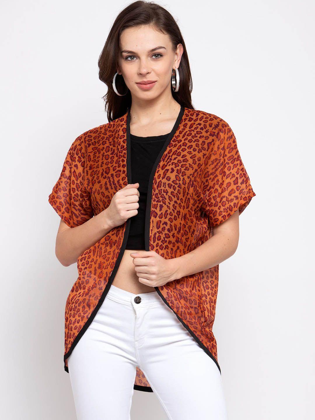 style quotient women orange & black printed open front shrug