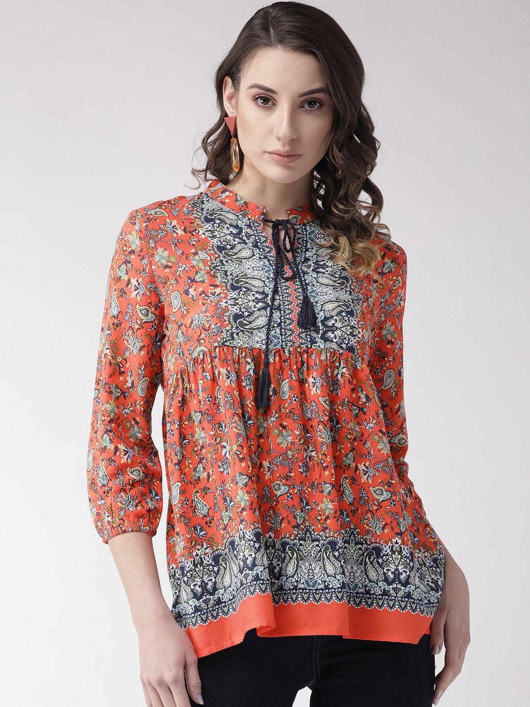 style quotient women orange & blue printed a-line top