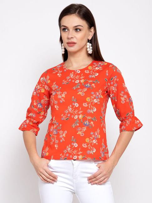 style quotient women orange and multi floral printed rayon smart casual top