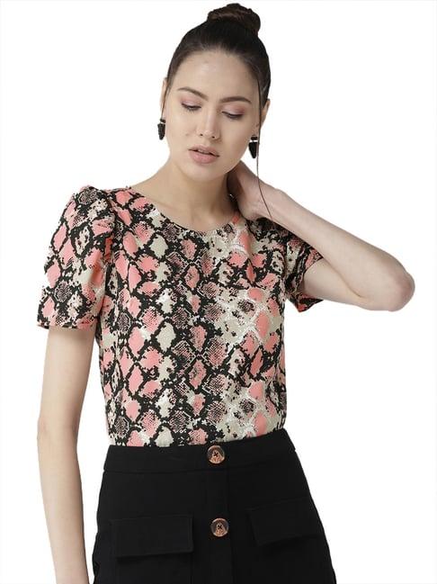 style quotient women peach and black animal printed polyester regulaar smart casual top