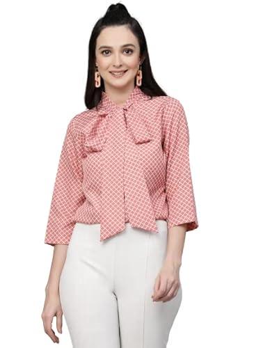 style quotient women peach and white geometric printed regular semi formal top