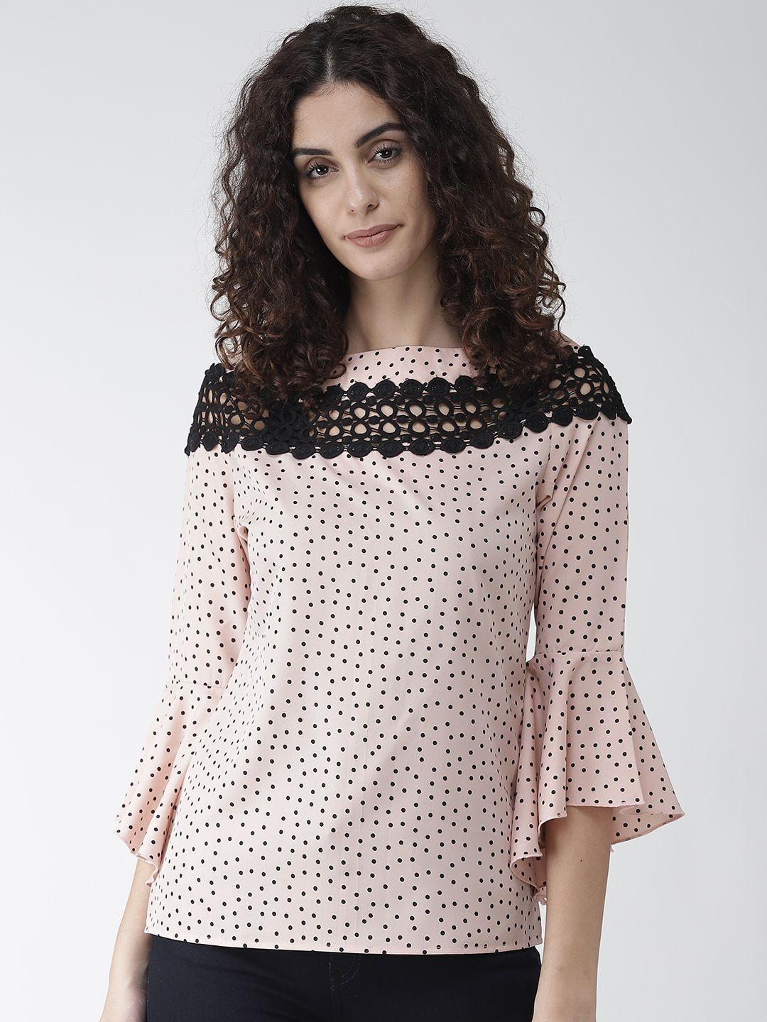 style quotient women peach-coloured & black printed top