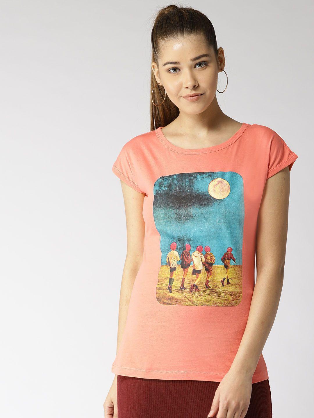 style quotient women peach-coloured printed round neck t-shirt