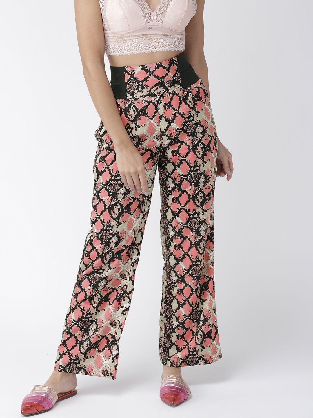 style quotient women pink & black original high-rise straight fit printed regular trousers