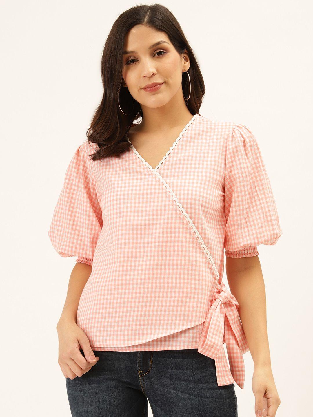 style quotient women pink & white checked wrap pure cotton top