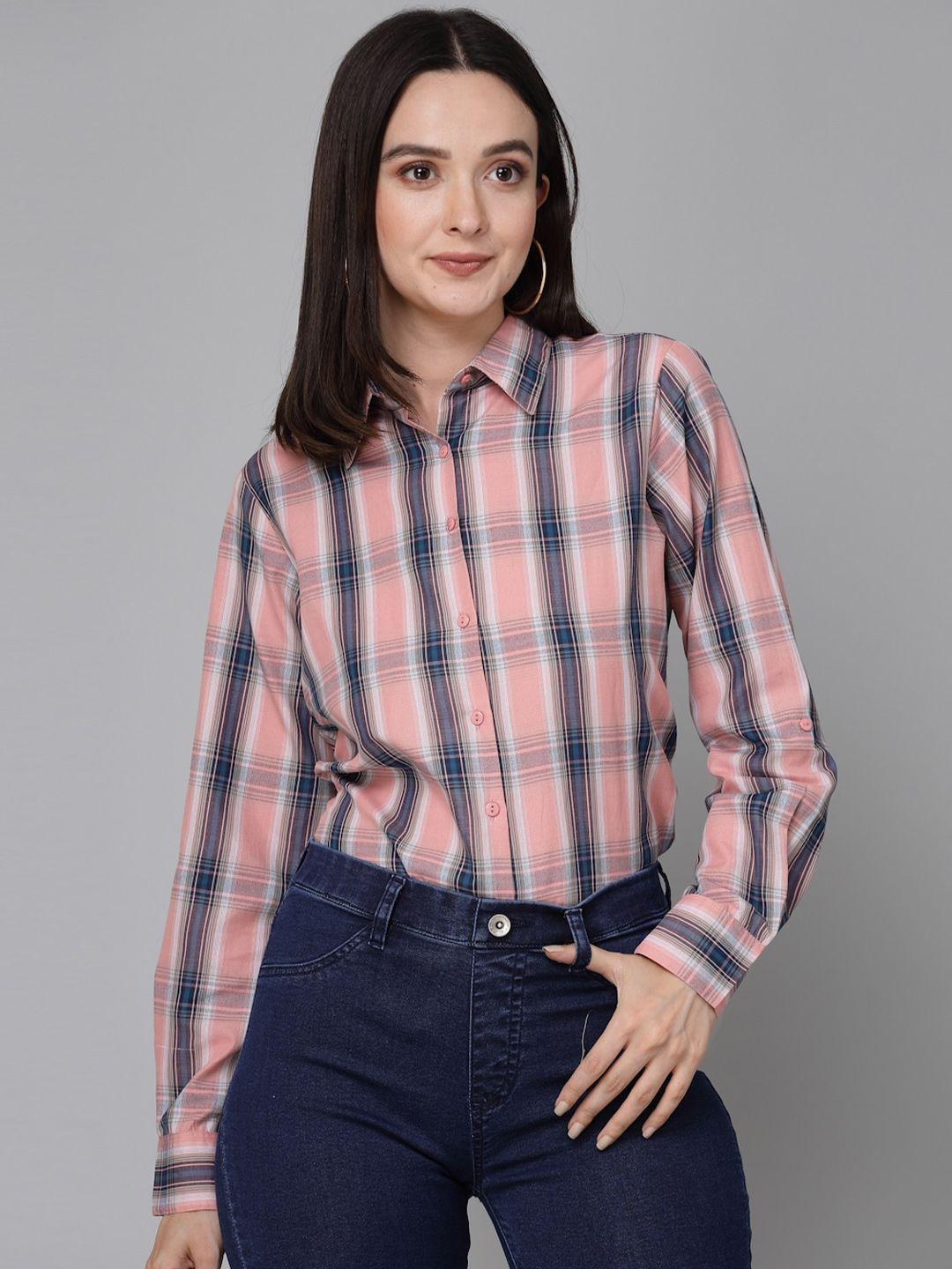 style quotient women pink smart tartan checked cotton casual shirt