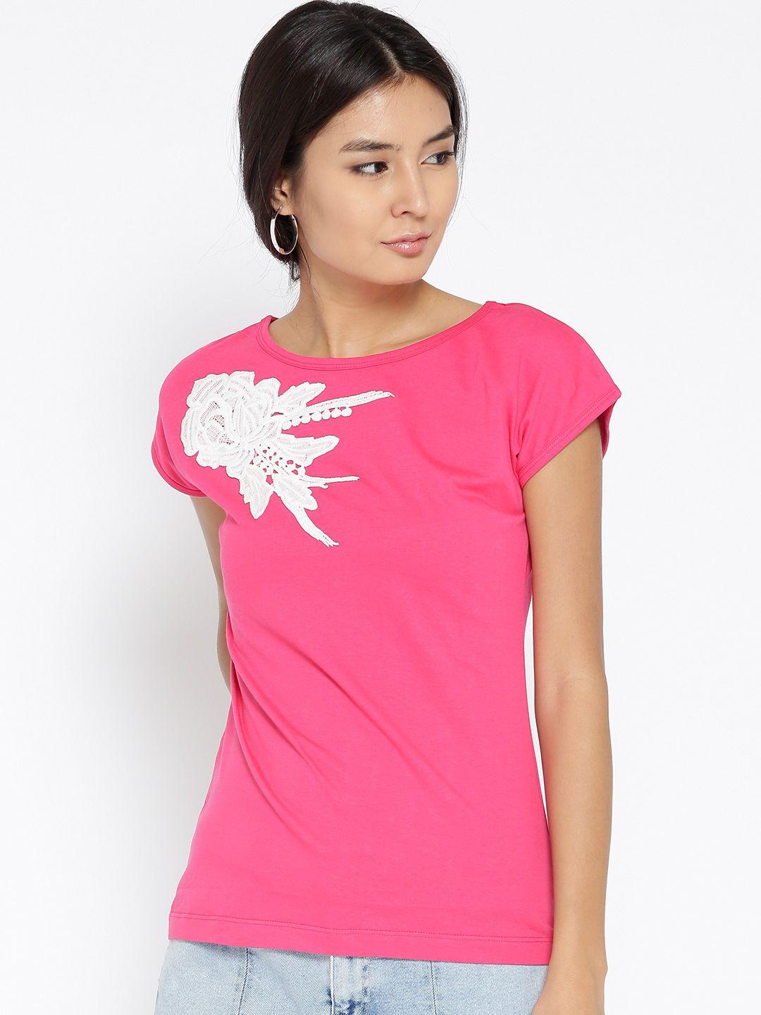 style quotient women pink solid round neck t-shirt
