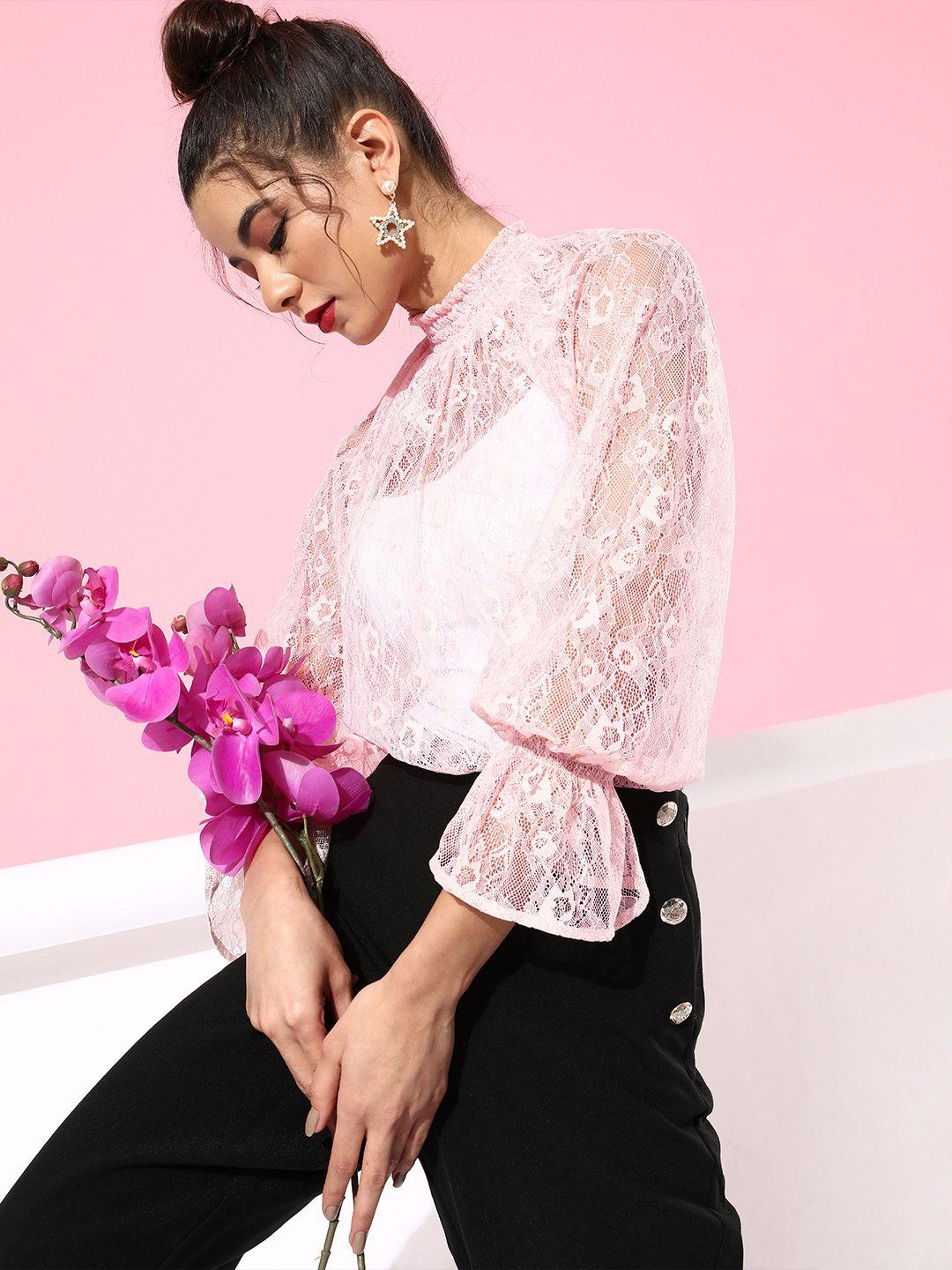 style quotient women pretty pink self-design lacework and sheer top