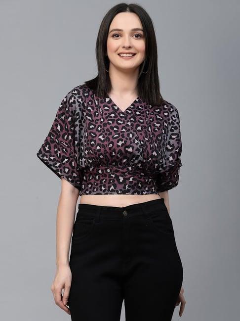 style quotient women purple and multi animal printed polyester regular smart casual crop top