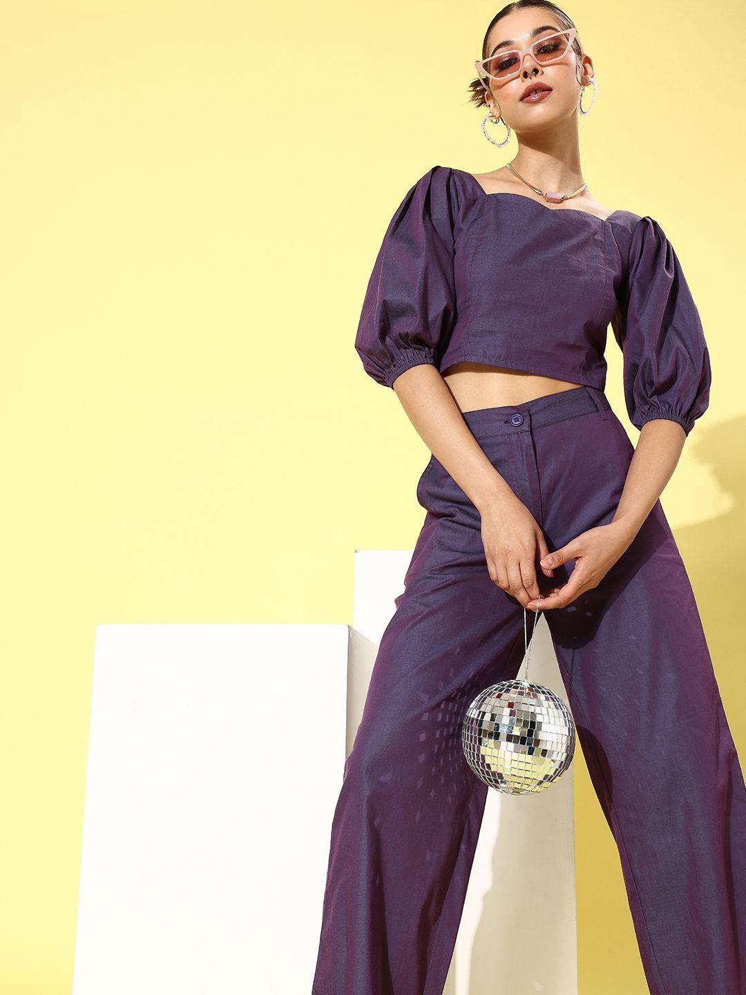style quotient women purple solid top with trousers