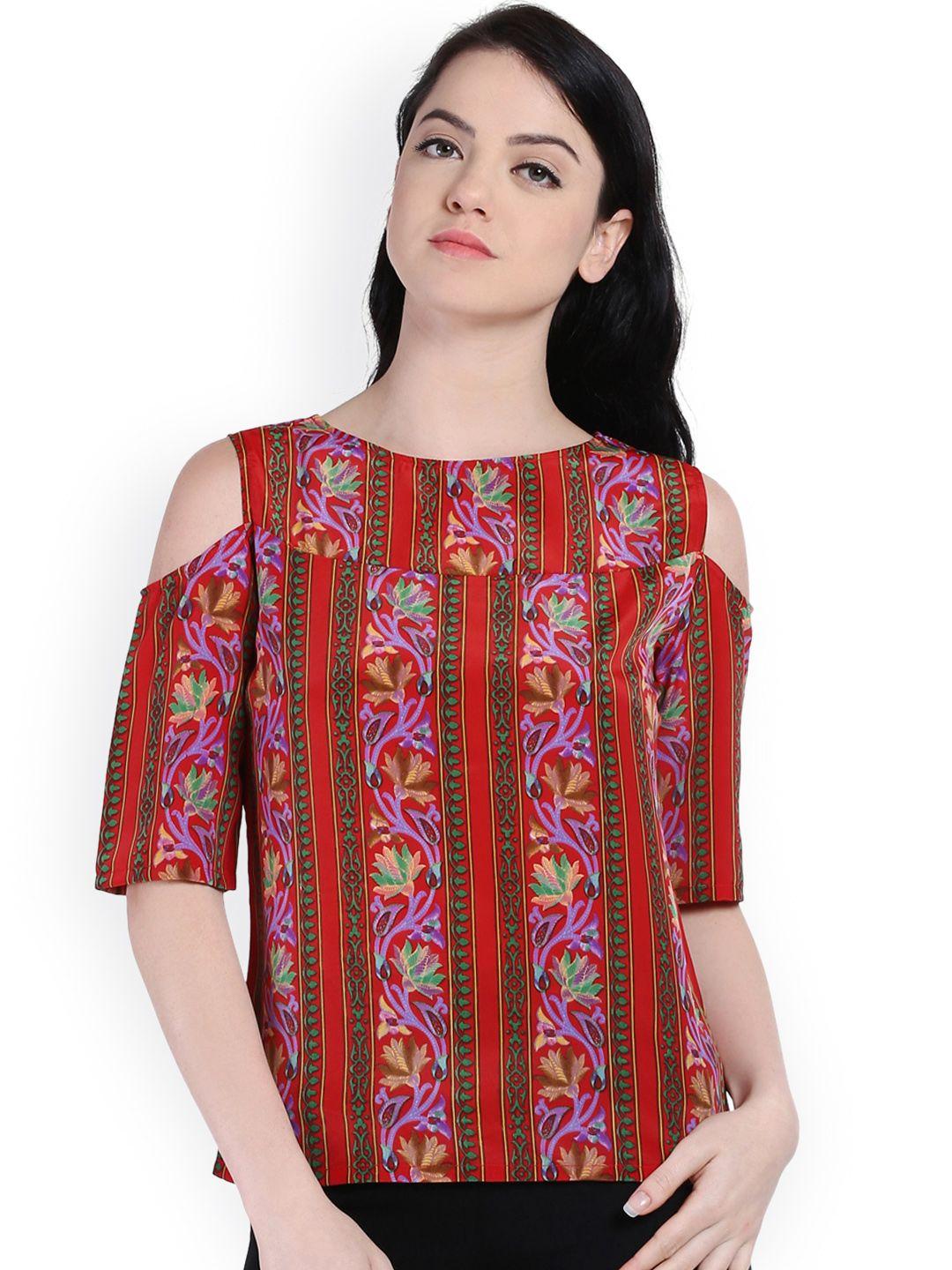 style quotient women red & green floral print cold-shoulder top