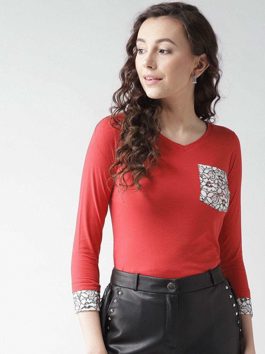 style quotient women red solid v-neck t-shirt