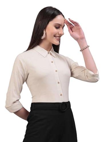 style quotient women solid beige cotton regular shirt