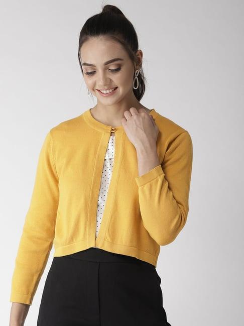 style quotient women solid mustard yellow cotton smart casual crop shrug