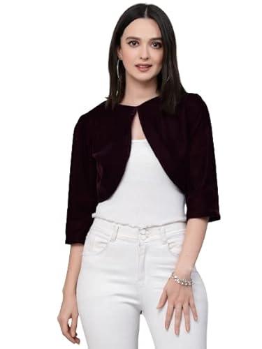 style quotient women solid purple velvet crop shrug