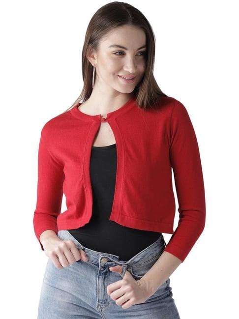 style quotient women solid red cotton smart casual crop shrug