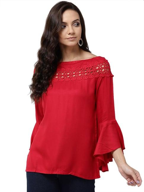 style quotient women solid red viscose rayon smart casual top