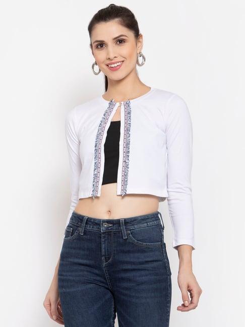 style quotient women solid white cotton smart casual crop shrug