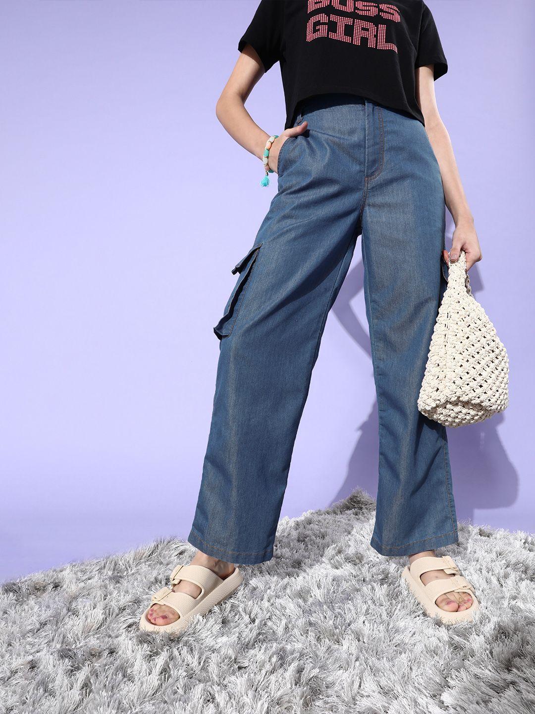 style quotient women stunning blue solid volume denim trousers