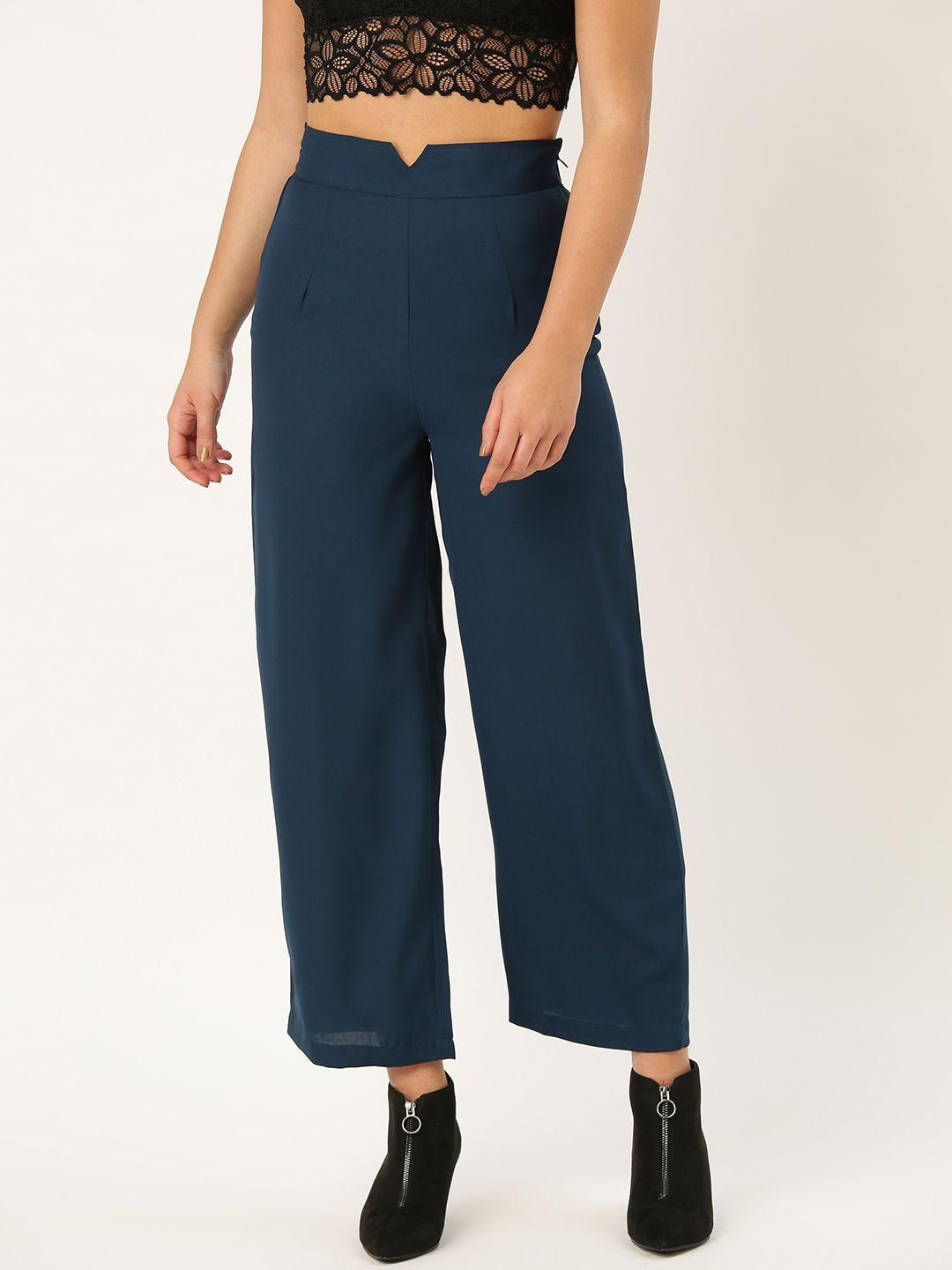 style quotient women teal blue smart regular fit solid parallel trousers