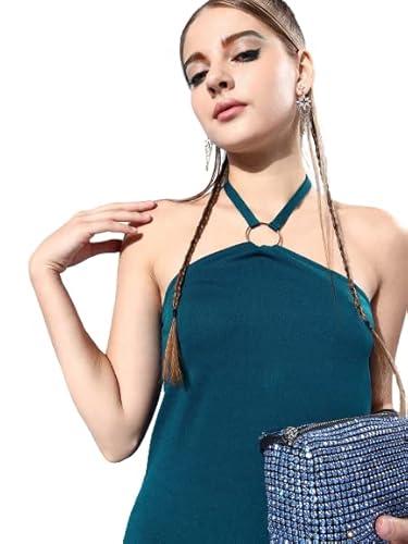 style quotient women tranquil teal solid halter neck dress