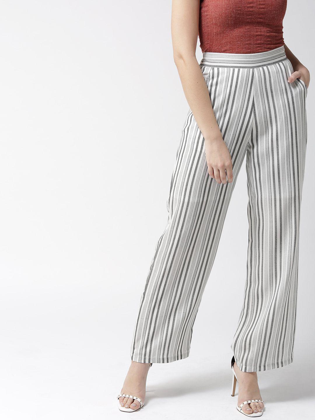 style quotient women white & black loose fit striped parallel trousers
