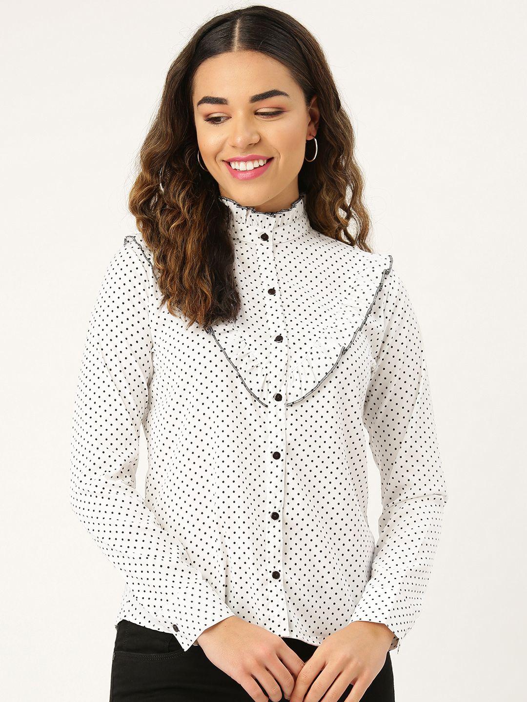 style quotient women white & black victorian style polka dot print casual shirt