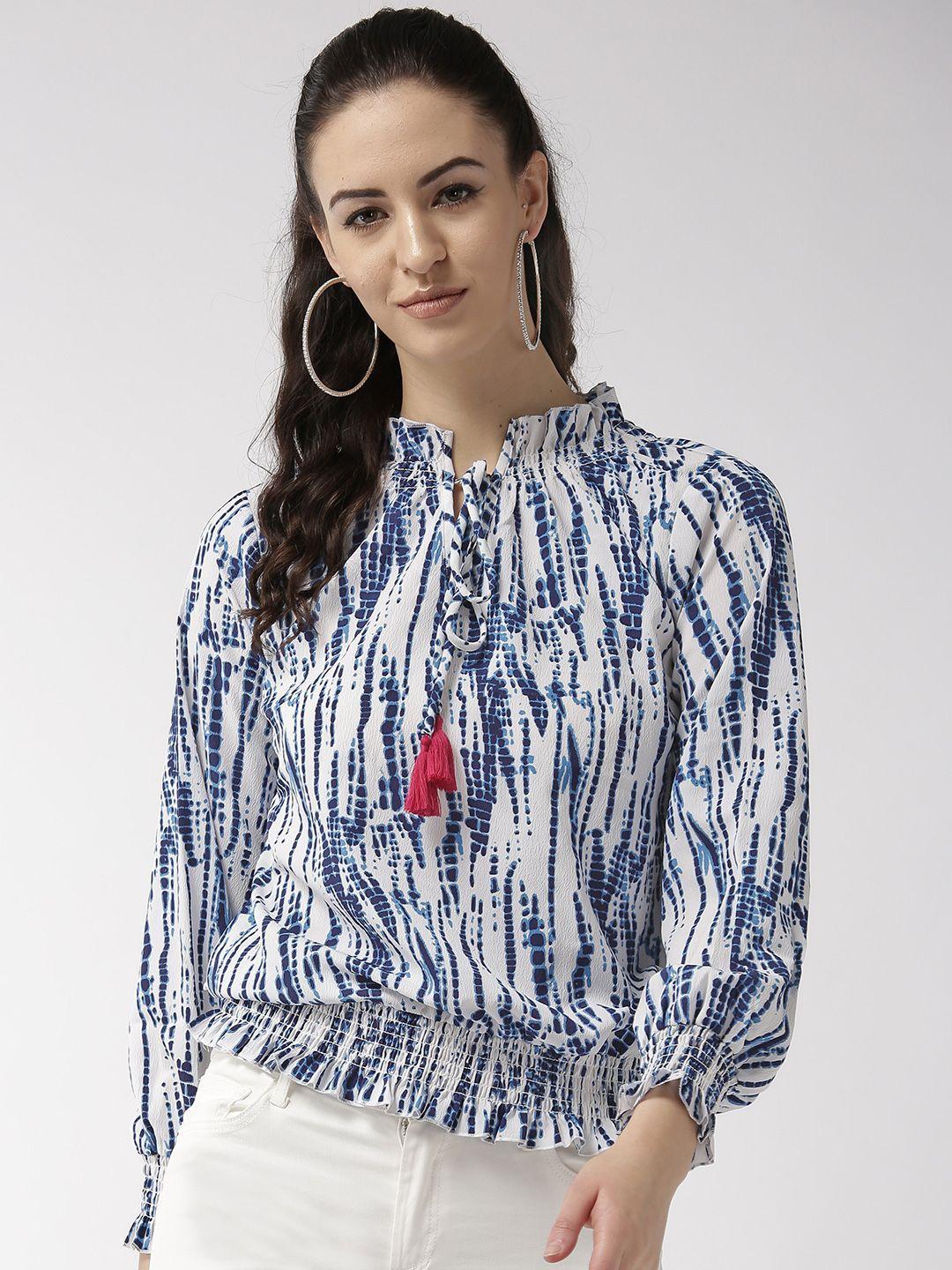 style quotient women white & blue printed blouson top