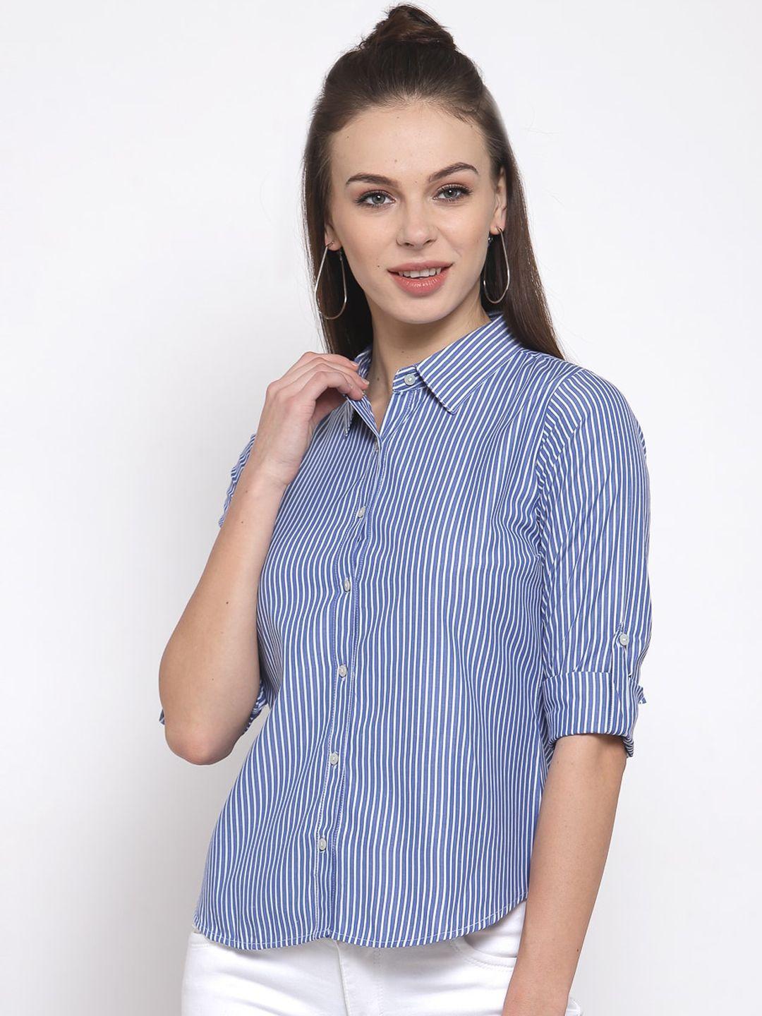 style quotient women white & blue regular fit striped casual shirt