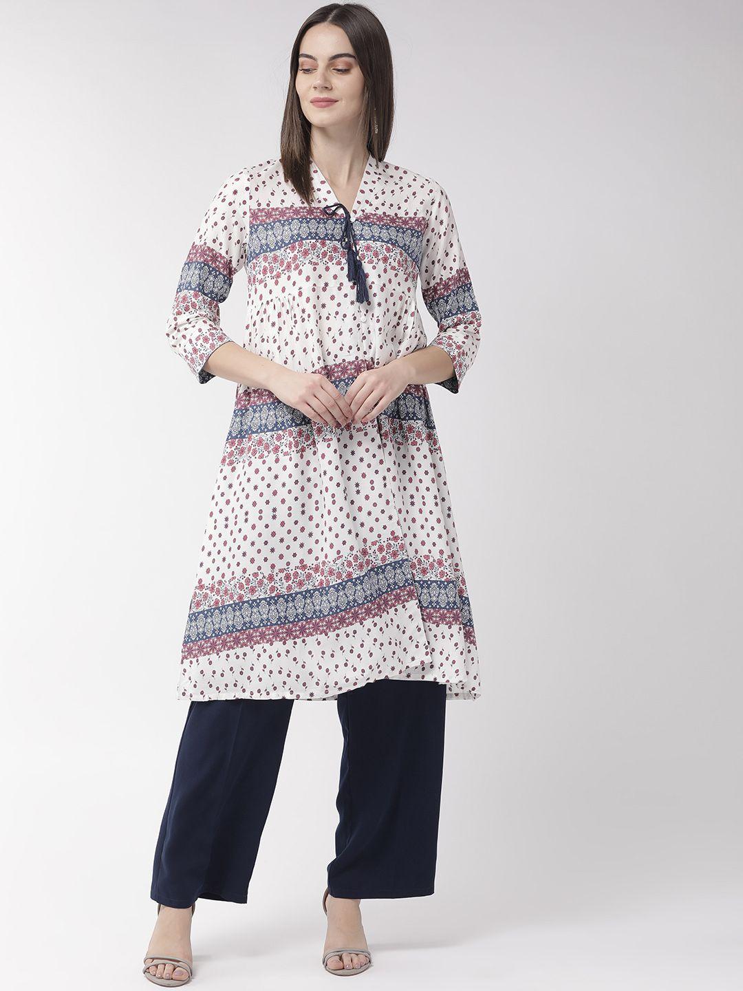 style quotient women white & pink printed a-line kurta