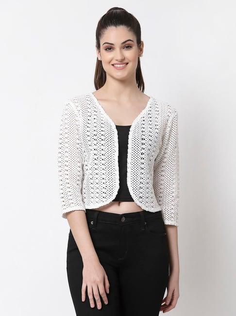 style quotient women white cotton self design lace crop open front shrug