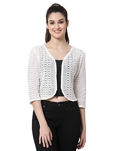 style quotient women white cotton self design lace crop open front shrug