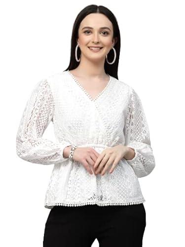 style quotient women white self design lace regular smart casual peplum tops