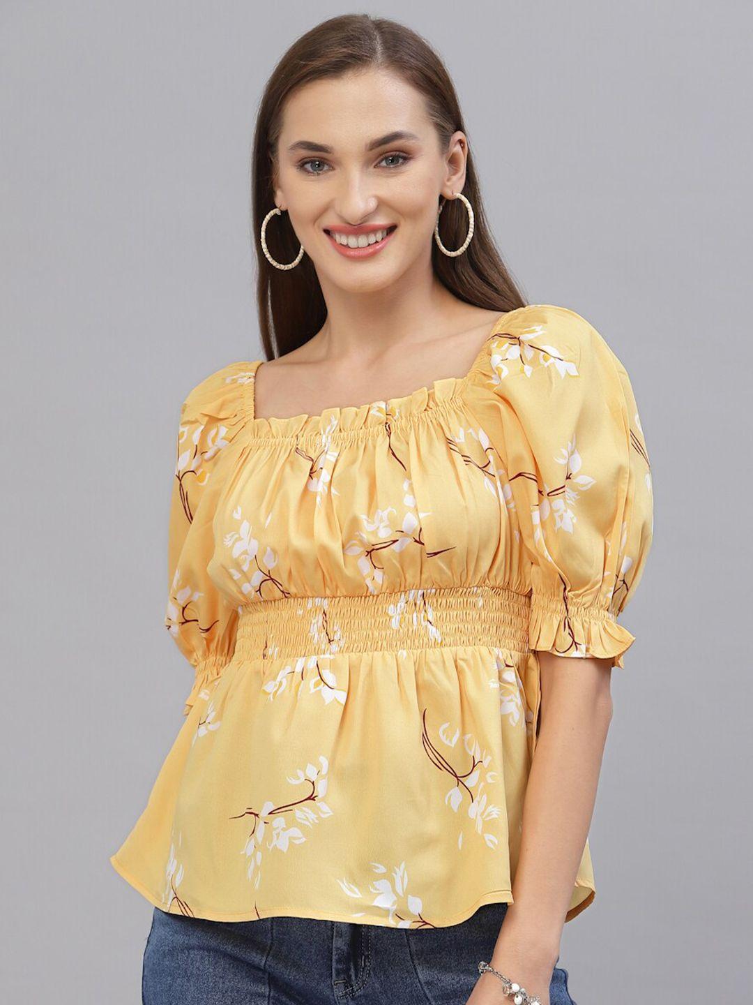 style quotient women yellow floral print cinched waist top